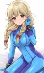  1girl banned_artist blonde_hair blue_bodysuit bodysuit bow braid breasts brown_eyes commentary_request cosplay covered_navel faye_(fire_emblem) fire_emblem hair_bow hand_up highres long_hair looking_at_viewer medium_breasts metroid red_bow samus_aran samus_aran_(cosplay) seiza shimizu_akina sitting smile solo thighs twin_braids white_background zero_suit 