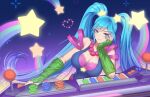  1girl arcade_sona arcade_stick bead_necklace beads blue_eyes blue_hair breasts closed_mouth controller elbow_gloves elbow_rest fingerless_gloves floating_hair game_controller gloves hair_ornament jewelry joystick kokoala large_breasts league_of_legends long_hair looking_at_viewer multicolored multicolored_nails necklace pixels rainbow smile solo sona_(league_of_legends) star_(symbol) star_hair_ornament twintails upper_body very_long_hair 