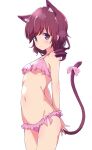  1girl animal_ears bangs bikini breasts cat_ears cat_tail commentary_request drill_hair eyebrows_visible_through_hair frilled_bikini frills highres kemonomimi_mode looking_at_viewer machikado_mazoku mel_(melty_pot) navel pink_bikini purple_eyes purple_hair short_hair simple_background small_breasts solo swimsuit tail thighs underboob white_background yoshida_ryouko 