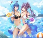  2girls ahoge ball bangs beach beachball bikini black_bikini blue_hair blue_sky braid breast_press breasts cleavage cloud collarbone day dessert detached_sleeves double_bun eyebrows_visible_through_hair floating floating_object food ganyu_(genshin_impact) gelatin genshin_impact goat_horns groin hair_between_eyes hair_cones halter_top halterneck highres holding holding_tray horns keqing_(genshin_impact) long_hair looking_at_another looking_at_food multiple_girls navel o-ring o-ring_bikini o-ring_top o_o open_mouth outdoors purple_eyes purple_hair ripples sarong side_slit sky sora_(men0105) stomach sunlight swimsuit symmetrical_docking tearing_up tears thigh_bands thigh_strap tray trembling wading water water_surface 
