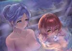  2girls 86_-eightysix- anju_emma bangs bathing blue_eyes blue_hair breast_envy breasts closed_mouth collarbone completely_nude eyebrows_visible_through_hair from_above hair_between_eyes ito_t20a kurena_kukumila large_breasts long_hair looking_to_the_side multiple_girls nude partially_submerged red_hair shiny shiny_hair short_hair smile tied_hair yellow_eyes 