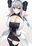  1girl bangs bare_shoulders belt black_dress black_gloves black_legwear blue_eyes blush breasts cleavage dress elbow_gloves gloves highres large_breasts long_hair looking_at_viewer original shunichi silver_hair solo sword thighhighs two-tone_dress weapon white_dress 