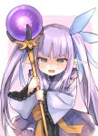  1girl absurdres blush border commentary_request furrowed_brow highres holding holding_staff kyouka_(princess_connect!) long_hair long_sleeves looking_at_viewer pink_background pointy_ears princess_connect! purple_hair purple_robe ribbon senifu solo staff twintails white_border wide_sleeves yellow_eyes yellow_ribbon 