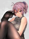  1girl ahoge aoba_(kancolle) bare_shoulders blue_eyes breasts hair_between_eyes hair_ornament hair_scrunchie horns kantai_collection looking_at_viewer pantyhose ponytail purple_hair ribbed_sweater sawamura_aoi scrunchie simple_background smile solo sweater toes 