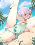  1girl beach blue_sky breasts cameltoe casual_one-piece_swimsuit cloud covered_navel covered_nipples day elf flower frilled_swimsuit frills green_swimsuit hair_between_eyes hair_ornament highres kokkoro_(princess_connect!) leg_lift leg_up light_purple_hair looking_at_viewer matatabi_(2ccp) ocean one-piece_swimsuit outdoors pink_eyes pointy_ears princess_connect! sand shiny shiny_hair shiny_skin short_hair sky solo split spread_legs swimsuit water wet 