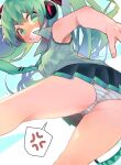  1girl anger_vein armpits ass blush clenched_teeth from_below green_eyes green_hair hatsune_miku long_hair necktie panties pleated_skirt siwasunohige skirt sleeveless solo spoken_anger_vein striped striped_panties tears teeth twintails underwear vocaloid 