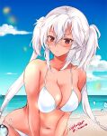  1girl artist_name beach bikini blue_sky breasts brown_eyes cleavage cloud commentary_request dark-skinned_female dark_skin dated day glasses hokuna_rin horizon kantai_collection large_breasts long_hair looking_to_the_side musashi_(kancolle) ocean outdoors rectangular_eyewear semi-rimless_eyewear silver_hair sky solo swimsuit twintails upper_body white_bikini 