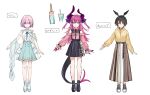  3girls :o absurdres aqua_eyes belt black_bow black_footwear black_hair blue_footwear blue_skirt bow breasts character_name character_sheet churro collar cup curled_horns disposable_cup dragon_tail drinking_straw elizabeth_bathory_(fate) elizabeth_bathory_(fate)_(all) eyes_visible_through_hair fate/grand_order fate_(series) feather_hair full_body hair_over_one_eye hair_ribbon hanagata highres hood hoodie horns long_hair long_skirt long_sleeves mary_janes mash_kyrielight medium_breasts multiple_girls neck_ribbon off-shoulder_shirt off_shoulder ortlinde_(fate) petals pink_collar pink_hair pink_shirt pointy_ears puffy_long_sleeves puffy_sleeves purple_eyes purple_hair purple_ribbon red_eyes ribbon shawl shirt shoes short_hair simple_background skirt sleeveless sleeveless_shirt smile sneakers socks standing tail two_side_up valkyrie_(fate) white_background white_shirt white_skirt yellow_hoodie 