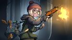  1girl bag bangs black_bag black_gloves blonde_hair bolt_action erica_(naze1940) escape_from_tarkov fingerless_gloves firing forest glasses gloves green_eyes green_jacket grin gun hair_between_eyes highres holding holding_gun holding_weapon jacket medicine mosin-nagant nature obrez original rifle short_hair smile solo tree weapon woollen_cap 