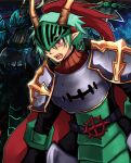  1boy alternate_color armor bangs breastplate cape commentary_request cowboy_shot cross emon-yu green_armor green_hair horns leg_armor looking_to_the_side lord_knight_(ragnarok_online) open_mouth pauldrons plume pointy_ears ragnarok_online red_cape red_eyes short_hair shoulder_armor solo upper_teeth visor_(armor) 