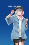  1girl absurdres admiral_graf_spee_(azur_lane) arm_up azur_lane bangs baseball_cap black_headwear black_shorts blue_background blue_eyes blue_jacket closed_mouth commentary_request drawstring english_text eyes_visible_through_hair gradient gradient_background hair_over_one_eye hand_on_headwear hat highres hood hood_down hoodie jacket long_sleeves mouth_hold multicolored_hair open_clothes open_jacket osisio red_hair short_shorts shorts silver_hair solo streaked_hair white_hoodie wide_sleeves 