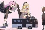  2girls absurdres bags_under_eyes bangs blonde_hair blood blue_eyes blush breasts bus capelet cleavage detective dugnul eyebrows_visible_through_hair floating ground_vehicle hair_ornament hat highres holding hololive hololive_english long_hair long_sleeves monocle_hair_ornament mori_calliope motor_vehicle multiple_girls necktie open_mouth pink_hair red_eyes red_neckwear ribbon shirt short_hair smile steering_wheel teeth tiara virtual_youtuber watson_amelia white_shirt 