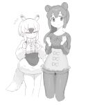  1girl 2girls :t anteater_ears anteater_tail bangs bow bowtie center_frills clenched_hands closed_eyes cropped_legs extra_ears flying_sweatdrops frills greyscale hair_between_eyes kemono_friends kona_ming long_hair long_sleeves looking_at_viewer malayan_tapir_(kemono_friends) monochrome multicolored_hair multiple_girls pantyhose pout short_hair simple_background solo southern_tamandua_(kemono_friends) tail white_background 