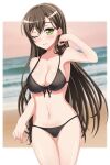  1girl ;) arm_up armpits baek_hyang&#039;geum bang_dream! bangs bare_shoulders beach bikini black_bikini blush breasts brown_hair cleavage closed_mouth collarbone commentary_request cowboy_shot eyebrows_visible_through_hair front-tie_bikini front-tie_top green_eyes groin hair_between_eyes hanazono_tae highres korean_commentary long_hair looking_at_viewer medium_breasts mixed-language_commentary navel ocean one_eye_closed orange_sky partial_commentary side-tie_bikini sidelocks sky smile solo standing swimsuit thigh_gap white_background 