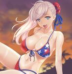  1girl american_flag_bikini asymmetrical_hair beach bikini blue_eyes breasts bun_cover cleavage eyebrows_visible_through_hair fate/grand_order fate_(series) flag_print gudakoguda hair_bun large_breasts long_hair looking_at_viewer miyamoto_musashi_(fate) miyamoto_musashi_(swimsuit_berserker)_(fate) multi-strapped_bikini multicolored multicolored_clothes multicolored_swimsuit navel open_mouth outdoors pink_hair print_swimsuit side-tie_swimsuit side_bun single_hair_intake single_sidelock solo swimsuit tongue 