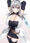  1girl absurdres bangs bare_shoulders belt black_dress black_gloves black_legwear blue_eyes blush breasts cleavage dress elbow_gloves gloves highres large_breasts long_hair looking_at_viewer original shunichi silver_hair solo sword thighhighs two-tone_dress weapon white_dress 