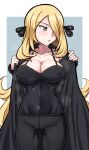  1girl alternate_breast_size black_coat black_pants black_shirt blonde_hair blush border breasts cleavage coat collarbone commentary_request covered_navel covered_nipples cowboy_shot cynthia_(pokemon) dokushu_yanagi5322 eyelashes grey_eyes hair_ornament hair_over_one_eye highres large_breasts long_hair looking_away open_clothes open_coat outside_border pants pokemon pokemon_(game) pokemon_dppt shirt solo steaming_body sweat thigh_gap white_border 