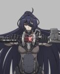  1girl android antenna_hair bangs black_hair breasts closed_mouth cosplay crossover cyborg drawing_sword eyepatch grey_background hair_between_eyes hair_ornament hairpin highres holding holding_sword holding_weapon honkai_(series) honkai_impact_3rd katana long_hair looking_at_viewer metal_gear_(series) metal_gear_rising:_revengeance namesake ponytail purple_eyes raiden_(metal_gear) raiden_(metal_gear)_(cosplay) raiden_mei sheath simple_background solo sword weapon yamanata 