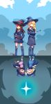  2girls absurdres bangs belt blonde_hair blue_eyes boots brown_hair cape card child collared_shirt costume crossed_arms day diana_cavendish different_reflection dress eyebrows_visible_through_hair friends frown glaring hands_on_hips happy hat highres holding holding_card holding_wand kagari_atsuko little_witch_academia looking_up luna_nova_school_uniform multiple_girls nekotaririn night open_mouth purple_dress red_eyes reflection rivalry sandals school_uniform shirt side-by-side sky star_(sky) wand white_shirt witch witch_hat younger 