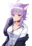  1girl :3 ahoge animal_ear_fluff animal_ears artist_name backlighting bangs blunt_bangs breasts buttons cat_ears choker cleavage closed_mouth collarbone eyebrows_visible_through_hair highres hololive kura_noi light_purple_hair looking_at_viewer medium_breasts nekomata_okayu purple_eyes shirt signature sleeves_past_fingers sleeves_past_wrists solo upper_body virtual_youtuber white_shirt 