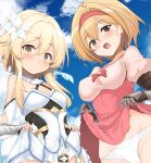  2girls blonde_hair blue_sky breasts brown_eyes clothes_lift cloud commentary_request crossover day djeeta_(granblue_fantasy) dress dress_lift eyebrows_visible_through_hair flower gauntlets genshin_impact granblue_fantasy hair_between_eyes hair_flower hair_ornament hairband highres lifted_by_self long_hair lumine_(genshin_impact) medium_breasts momio multiple_girls panties red_hairband short_hair sky underwear white_dress 