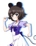  1girl animal_ears back_bow blue_eyes blue_shirt bow bowtie brown_hair clenched_hands collared_shirt commentary eyebrows_visible_through_hair girls_und_panzer grin hairband high-waist_skirt kayabakoro looking_at_viewer mauko_(girls_und_panzer) mouse_ears mouse_tail pleated_skirt pose puffy_short_sleeves puffy_sleeves purple_neckwear school_uniform shirt short_sleeves silhouette simple_background skirt smile solo standing tail tracen_school_uniform umamusume white_background white_skirt 
