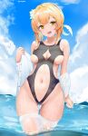  1girl bangs bare_shoulders black_swimsuit blonde_hair blue_sky breasts cameltoe chinese_commentary cleavage cleavage_cutout clothing_cutout cloud commentary_request cowboy_shot day flower fuenyuan genshin_impact groin hair_flower hair_ornament highleg highleg_swimsuit highres long_hair looking_at_viewer lumine_(genshin_impact) medium_breasts midriff navel navel_cutout off_shoulder one-piece_swimsuit open_clothes open_mouth open_shirt outdoors shirt sideboob skindentation sky solo standing swimsuit thighhighs twitter_username upper_teeth wading water wet white_flower white_legwear white_shirt yellow_eyes 