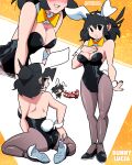  1girl animal_ears ass black_footwear black_hair black_leotard black_nails blush bow bowtie breasts bunny_ears bunny_tail character_name cleavage crab detached_collar fake_animal_ears fake_tail hand_up high_heels highres leotard long_hair lucia_(scott_malin) multiple_views orange_neckwear original pantyhose playboy_bunny scott_malin shoulder_blades standing strapless strapless_leotard tail watermark web_address wrist_cuffs 