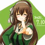  .live 1girl blush breasts brown_hair closed_eyes commentary_request dated hair_between_eyes headband long_hair open_mouth pointing pointing_at_viewer portrait school_uniform shirousagi_(usagi-goya_kansatsu_nikki) simple_background smile solo virtual_youtuber yaezawa_natori 