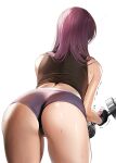  ass black_tank_top damda dumbbell facing_away fate/grand_order fate_(series) fingerless_gloves gloves gym_shorts lifting long_hair nail_polish purple_hair scathach_(fate) scathach_(fate)_(all) shorts simple_background sweat tank_top thighs trembling very_long_hair white_background 