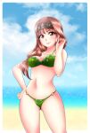  1girl beach bikini brown_eyes brown_hair contrapposto cowboy_shot enly_art fire_emblem green_bikini hair_ornament hand_in_hair headband looking_at_viewer o-ring o-ring_bikini o-ring_bottom ponytail sky swimsuit sylwiss tear_ring_saga 