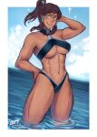  1girl abs arm_behind_head arm_up avatar_(series) beach biceps bikini blue_bikini blue_eyes blue_sky breasts brown_hair cleavage dark-skinned_female dark_skin hair_intakes high_ponytail iahfy korra light_blush muscular muscular_female navel ocean open_mouth partially_submerged ponytail sky smile solo sparkle standing stomach swimsuit the_legend_of_korra water 