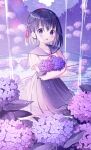  1girl :d bangs black_hair braid commentary_request eyebrows_visible_through_hair flower grey_sailor_collar grey_skirt hair_between_eyes highres hydrangea ikari_(aor3507) looking_at_viewer neck_ribbon object_hug open_mouth original pink_flower pleated_skirt purple_eyes purple_flower red_ribbon ribbon sailor_collar shirt short_sleeves skirt smile solo twitter_username water white_shirt 