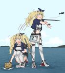  2girls annin_musou blonde_hair blue_eyes blush collarbone eyebrows_visible_through_hair fairy_(kancolle) flight_deck flying_sweatdrops gambier_bay_(kancolle) hair_between_eyes kantai_collection long_hair multiple_girls multiple_views ocean open_mouth remodel_(kantai_collection) rudder_footwear short_sleeves standing standing_on_liquid thighhighs twintails white_legwear 