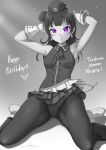  1girl armpits arms_behind_head arms_up breasts earrings eyebrows_visible_through_hair greyscale hair_bun happy_party_train highres jewelry long_hair looking_at_viewer love_live! love_live!_sunshine!! medium_breasts monochrome pantyhose purple_eyes solo spot_color tsushima_yoshiko unsfrau 