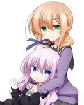  2girls :o bangs black_skirt black_sweater blue_eyes blue_ribbon blush brown_hair closed_mouth colored_eyelashes eyebrows_visible_through_hair green_eyes grey_sailor_collar hair_between_eyes hair_ornament hair_ribbon hairclip hand_up highres kuena long_hair long_sleeves looking_at_viewer multiple_girls parted_lips pleated_skirt purple_hair purple_sweater ribbon sailor_collar school_uniform sengoku_kamuri serafuku shirt simple_background skirt sleeves_past_wrists slow_start smile sweater tokura_eiko white_background white_shirt 