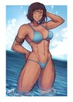  1girl abs arm_behind_head arm_tattoo arm_up avatar_(series) beach biceps bikini blue_bikini blue_eyes blue_sky breasts brown_hair cleavage dark-skinned_female dark_skin iahfy korra light_blush muscular muscular_female navel ocean open_mouth partially_submerged short_hair sky smile solo sparkle standing stomach swimsuit tattoo the_legend_of_korra water 