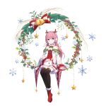  1girl :d animal_ears animal_on_lap antlers ark_order bangs bell blue_eyes boots bunny coat dress earmuffs fake_animal_ears fake_antlers frilled_sleeves frills fur-trimmed_boots fur-trimmed_dress fur_trim highres holly jingle_bell long_hair long_sleeves looking_at_viewer low_twintails official_art open_mouth petting pink_hair red_dress red_footwear reindeer_antlers smile snowflake_print snowflakes solo star_(symbol) star_print tachi-e thighhighs twintails very_long_hair white_coat yue_yue yuki_onna_(ark_order) 