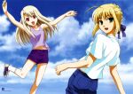  2000s_(style) 2girls :d ahoge albino artbook artoria_pendragon_(all) blonde_hair blue_bow bow cloud denim dot_nose fate/stay_night fate_(series) hair_bow highres illyasviel_von_einzbern jumping looking_at_viewer multiple_girls official_art open_mouth purple_shorts purple_tank_top red_eyes rotated saber scan shorts sidelocks sky smile tank_top white_hair 