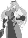  1girl abs bangs bare_shoulders biceps breasts fate/grand_order fate_(series) gauntlets gawain_(fairy_knight)_(fate) greyscale heterochromia highres horns large_breasts long_hair looking_at_viewer minew monochrome muscular muscular_female smile solo 