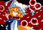  1girl bangs blonde_hair closed_mouth danmaku dress eyebrows_visible_through_hair fox_shadow_puppet from_side hat long_sleeves looking_at_viewer pillow_hat qqqrinkappp short_hair smile solo tabard touhou traditional_media upper_body white_dress white_headwear yakumo_ran yellow_eyes 