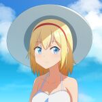  1girl alice_margatroid bangs bare_shoulders blonde_hair blue_eyes blue_sky breasts cato_(monocatienus) cloud collarbone commentary_request hairband hat highres large_breasts looking_at_viewer medium_hair portrait red_hairband sky smile solo sun_hat touhou white_headwear 