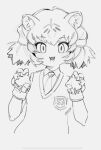  1girl :d animal_ear_fluff animal_ears bangs blush byakko_(kemono_friends) claw_pose eyebrows_visible_through_hair fangs greyscale highres japari_symbol kemono_friends kona_ming looking_at_viewer monochrome necktie open_mouth short_hair sketch smile solo tiger_ears upper_body vest 