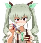  1girl anchovy_(girls_und_panzer) bangs black_ribbon blurry blurry_foreground blush center_frills closed_mouth collared_shirt commentary depth_of_field drill_hair eyebrows_visible_through_hair feeding food frills girls_und_panzer green_hair green_neckwear green_ribbon hair_ribbon holding holding_spoon kayabakoro long_hair looking_at_viewer nail_polish pov pudding red_eyes red_nails ribbon shirt short_hair simple_background skirt solo spoon suspender_skirt suspenders sweatdrop twin_drills twintails upper_body white_background 