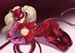  1girl aqua_eyes blonde_hair blush bodysuit breasts cleavage globburt gloves highres latex_bodysuit long_hair looking_at_viewer lying mask on_side one_eye_closed persona persona_5 persona_5_the_royal pink_gloves red_bodysuit solo tail takamaki_anne twintails whip 