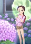  1girl backpack bag bare_legs blush_stickers brown_hair brown_shorts child clothes_writing commentary_request flower highres hydrangea looking_at_viewer no_bangs original outdoors pink_shirt ponytail qm rain randoseru shirt short_shorts shorts smile solo student yellow_eyes 