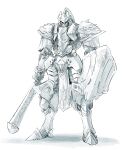  absurdres armor chainmail commentary_request full_body greaves green_eyes helmet highres holding holding_shield holding_sword holding_weapon ishiyumi knight&#039;s_&amp;_magic mecha mecha_request no_humans pauldrons shield shoulder_armor shoulder_spikes spikes sword weapon white_background 