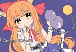  1girl bangs bow chain closed_mouth eyebrows_visible_through_hair gourd hair_bow highres holding horns ibuki_suika long_hair looking_at_viewer low-tied_long_hair metal_belt orange_hair purple_background purple_skirt ramudia_(lamyun) red_bow red_neckwear shirt simple_background skirt smile solo torn_clothes torn_sleeves touhou twitter_username very_long_hair white_shirt wrist_cuffs yellow_eyes 