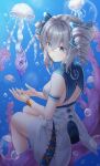  1girl absurdres back bailase bangs bare_shoulders bronya_zaychik bronya_zaychik_(valkyrie_chariot) bubble closed_mouth dress drill_hair grey_eyes grey_hair hair_between_eyes highres honkai_(series) honkai_impact_3rd in_water jellyfish looking_at_viewer looking_back ocean ocean_bottom sitting smile solo summer_uniform sundress twin_drills underwater 