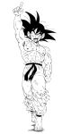  1boy abs arm_at_side arm_up artist_name barefoot belt black_belt black_eyes black_hair blood blood_from_mouth blood_on_face clenched_hand dirty dirty_clothes dirty_face dirty_feet dragon_ball dragon_ball_(classic) dragon_ball_z exhausted facing_viewer fenyon fingernails full_body half-closed_eyes happy highres index_finger_raised male_focus messy_hair monochrome muscular muscular_male nipples official_style open_mouth pants pectorals ribs scar scar_on_chest scratches shadow shirtless simple_background smile son_goku spiked_hair standing toenails toriyama_akira_(style) torn_clothes torn_pants walking white_background 